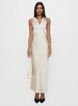 front view of model wearing Princess Polly Persefonie Lace Maxi Dress Champagne V-Neck 