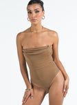 front view of model wearing Princess Polly Raney Bodysuit Beige Sleeveless straight 