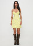 front view of model wearing Princess Polly Georgia Mini Dress Yellow Floral Plunger 