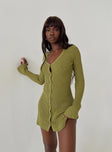 back view of model wearing Princess Polly Waldin Long Sleeve Mini Dress Olive V-Neck 