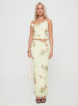 side view of model wearing Princess Polly Rios One Shoulder Top Yellow Floral Sleeveless Asymmetric Neckline 