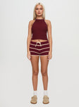 front view of model wearing Princess Polly Arianell Halter Knit Top Maroon Sleeveless High Neck 