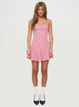 side view of model wearing Princess Polly Delamere Mini Dress Pink Square Neck 