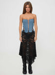 side view of model wearing Princess Polly Eden Lace Up Corset Denim Mid Wash Sleeveless straight 