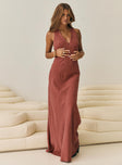 front view of model wearing Princess Polly Verde Linen Blend Maxi Dress Burnt Rust V-Neck 