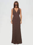 front view of model wearing Princess Polly Nellie Maxi Dress Brown Polka Dot V-Neck 