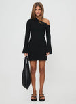 front view of model wearing Princess Polly Holveck Off The Shoulder Mini Dress Black Asymmetric Neckline 