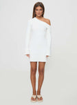 front view of model wearing Princess Polly Holveck Off The Shoulder Mini Dress White Asymmetric Neckline 