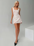 back view of model wearing Princess Polly Dasha Mini Dress White Floral Square Neck 