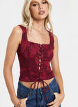 front view of model wearing Princess Polly Vincenzo Corset Top Red Sleeveless Square Neck 