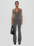 side view of model wearing Princess Polly Calexico Buckle Halter Top Grey Pinstripe Sleeveless V-Neck 