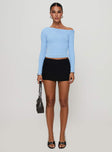 side view of model wearing Princess Polly Malian Long Sleeve Top Blue Full Sleeves Asymmetric Neckline 