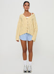 front view of model wearing Princess Polly Daxtan Cable Cardigan Lemon Cropped 