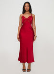 front view of model wearing Princess Polly Treasure Bias Cut Maxi Dress Red V-Neck 