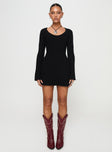 front view of model wearing Princess Polly Best Interest Long Sleeve Mini Dress Black Scoop Neck 