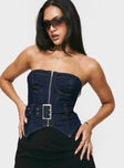 side view of model wearing Princess Polly Curl Curl Strapless Denim Top Dark Wash Sleeveless straight 