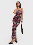 side view of model wearing Princess Polly Auley Maxi Dress Multi / Red Floral Cowl Neck 