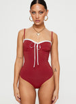 front view of model wearing Princess Polly Damsel Bodysuit Burgundy Sleeveless 