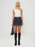 front view of model wearing Princess Polly Heuston Denim Skort Dark Wash High Waisted Shorts 