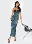 Front view of model wearing  front Princess Polly Asymmetric Neckline  Darsy Maxi Dress Blue Multi