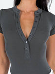 side view of model wearing Princess Polly Kandis Bodysuit Grey Short Sleeves High Neck 