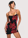 front view of model wearing Princess Polly Kellers Mini Dress Black / Floral Square Neck 