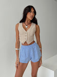 side view of model wearing Princess Polly Beach House Shorts Blue / White Gingham High Waisted Shorts 