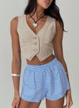 front view of model wearing Princess Polly Burrows Denim Vest Cream Sleeveless V-Neck 