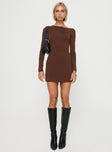 front view of model wearing Princess Polly Kataline Long Sleeve Mini Dress Chocolate Asymmetric Neckline 