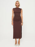 front view of model wearing Princess Polly Original Sin Dress Midi Dress Chocolate Asymmetric Neckline 