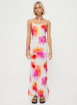 side view of model wearing Princess Polly Luncheon Maxi Dress Pink Multi Square Neck 