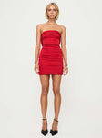 front view of model wearing Princess Polly Shaila Strapless Mini Dress Red Straight Neck 