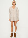 front view of model wearing Princess Polly Cardi Long Sleeve Mini Dress Cream V-Neck 