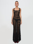 front view of model wearing Princess Polly Zhara Lace Dress Black Scoop Neck 