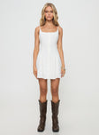 front view of model wearing Princess Polly Elian Linen Blend Mini Dress White Square Neck 