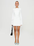 front view of model wearing Princess Polly Carters Long Sleeve Mini Dress White Crew Neck 