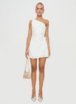 front view of model wearing Princess Polly Mayzie One Shoulder Mini Dress White Asymmetric Neckline 