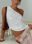 back view of model wearing Princess Polly Sensua One Shoulder Top White Sleeveless Asymmetric Neckline 