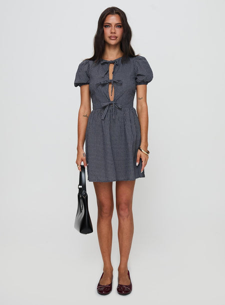 Nurture Bow Mini Dress Navy Check