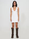 front view of model wearing Princess Polly Abagail Embroidered Mini Dress White Plunger 