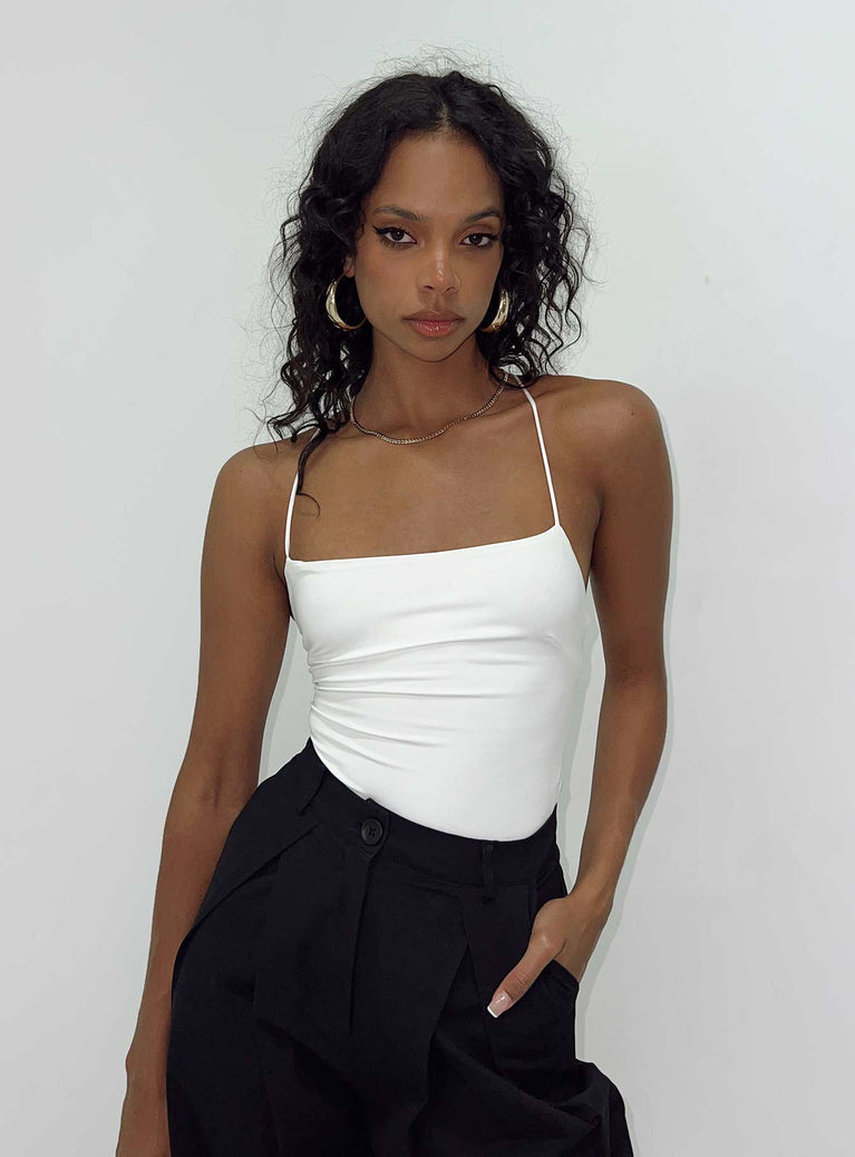 front view of model wearing Princess Polly Karlah Bodysuit White Sleeveless Square Neck 