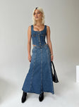 Front view of model wearing  front Wyoming Midi Skirt Blue Denim Princess Polly  Maxi 