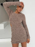 Front view of model wearing  front Princess Polly Asymmetric Neckline  Agena Long Sleeve Mini Dress Brown