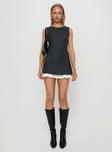 front view of model wearing Princess Polly Players Pleat Mini Dress Charcoal Crew Neck 