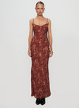 side view of model wearing Princess Polly Bombay Bias Maxi Dress Rust Sweetheart Neckline 