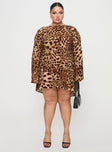 front view of model wearing Princess Polly Halo Bias Mini Dress Leopard Curve Boat Neck 