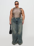 front view of model wearing Princess Polly Ribbon Stamp Wide Leg Jean Antique Wash Curve High Waisted 