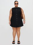 front view of model wearing Princess Polly Dollie Linen Mini Dress Black Curve High Neck 