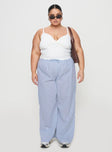 front view of model wearing Princess Polly Holiday Tie Front Pant Blue / White Stripe Curve High Waisted Pants 