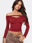 back view of model wearing Princess Polly Kressida Off The Shoulder Top Red Full Sleeves Asymmetric Neckline 